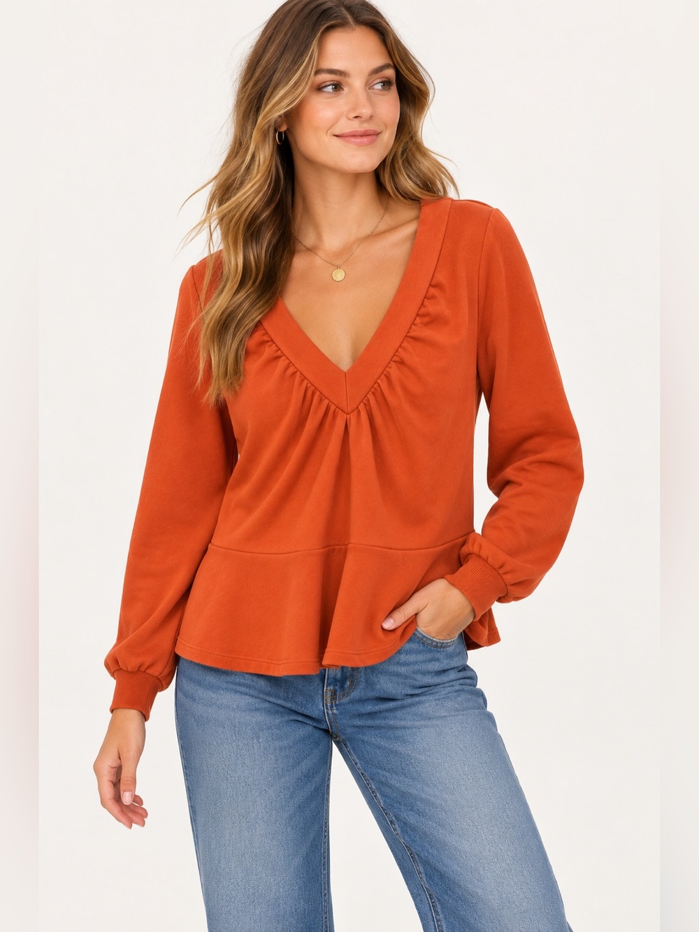 Maeve Anthropologie XL Orange Peplum Sweatshirt Deep V Neck Ruffle Cotton Top